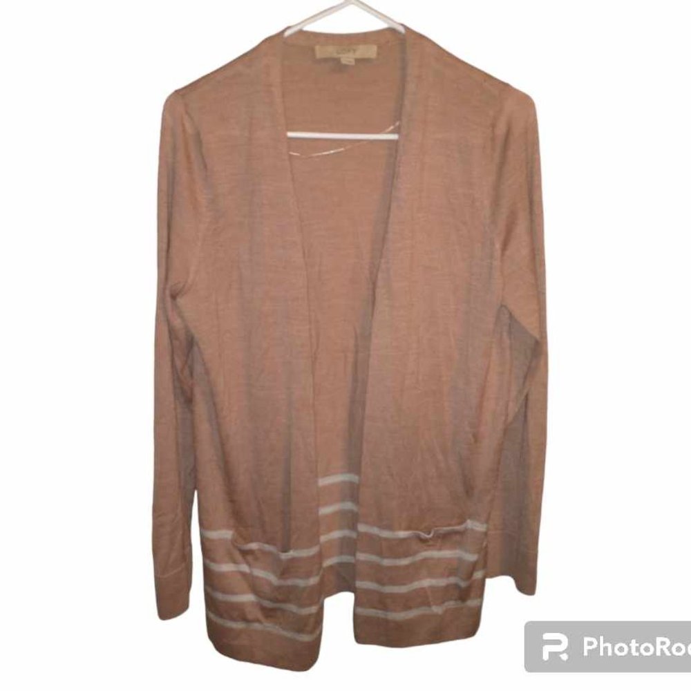 Loft Women's cardigan size Large tan white stripes Pockets W-355
